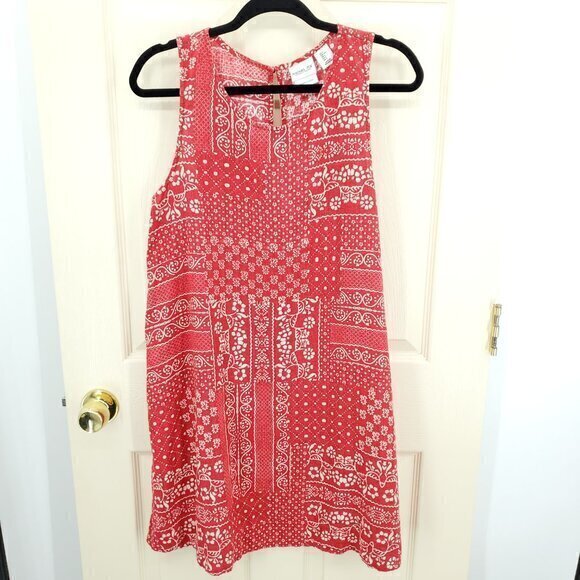 Rachel Zoe 100% Linen Sleeveless Shift Dress L Red/Cream Print - Picture 1 of 16